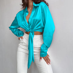 Spring Collared Long Sleeve Cropped Women Cropped Top