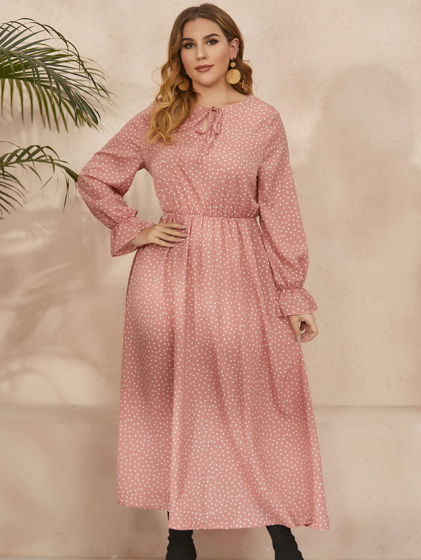 Plus Size Polka-Dot Loose-Fitting Long Sleeve Dress for Women