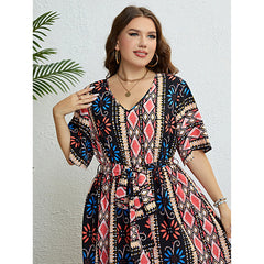 Summer V neck Printed Lace up Waist Dress Women