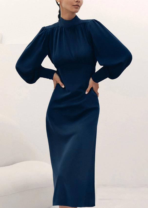 Navy Long Sleeve High Collar Dress