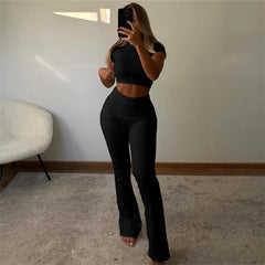 Spring Sexy Slim Fit Crop Top Short Sleeve T shirt High Waist Tight Casual Trousers Set