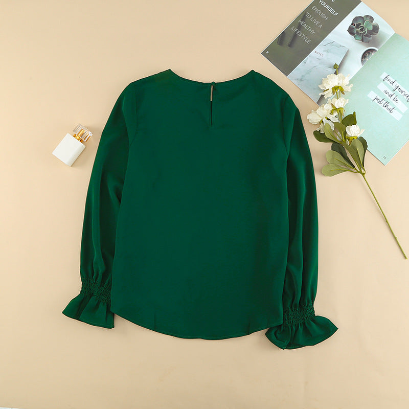 Solid Color Long Sleeved T shirt Women Spring Autumn round Neck Pullover Ruffled Puff Sleeve Top Women