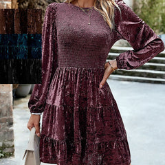 Autumn Winter Women Velvet Dress: Elegant Round Neck Midi Dress