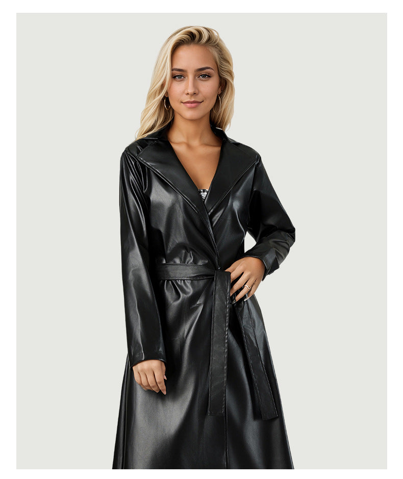 Faux Leather Lapel Coat