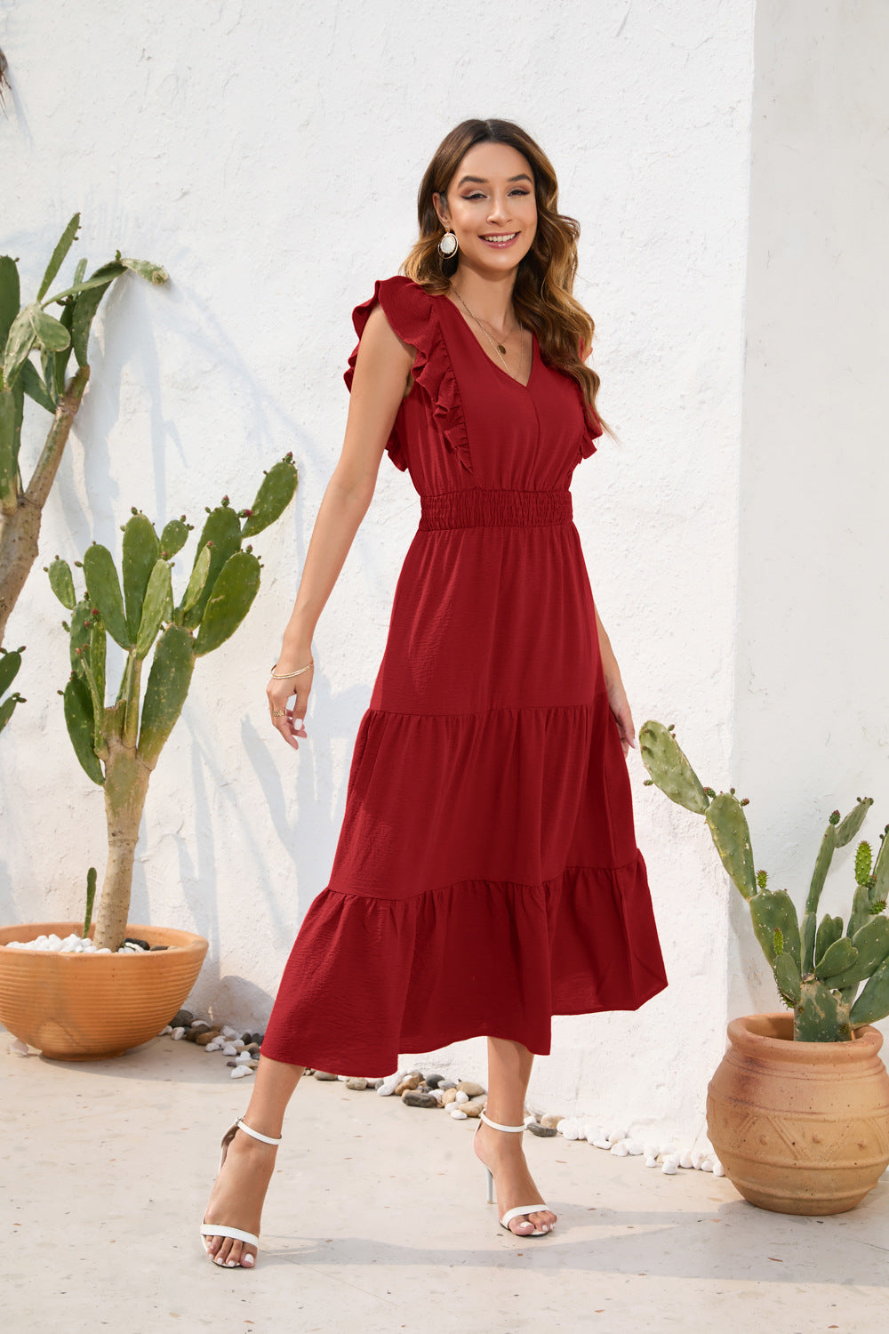 V neck High Waist Tiered Dress Maxi Dress Casual Vacation Travel Dress