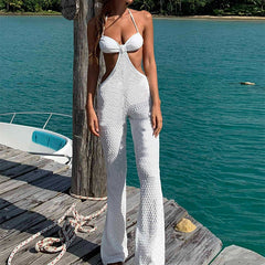 Summer Beach Sexy Backless Lace up Women Hollow Out Cutout Wide Leg Jumpsuit