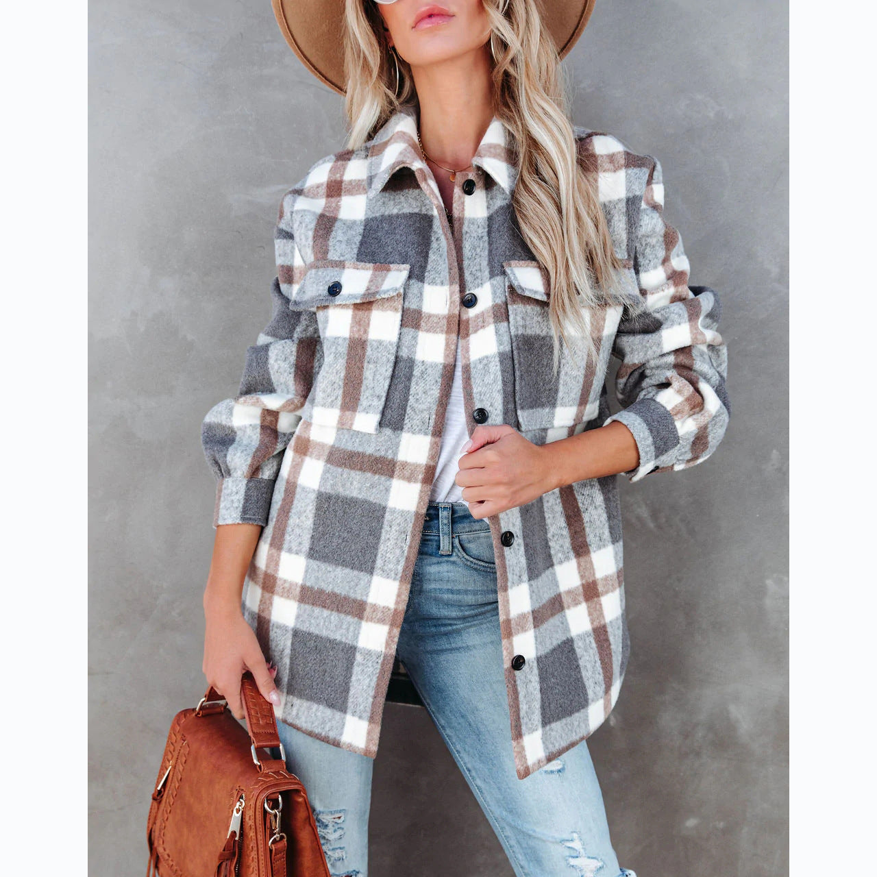 Casual Autumn Winter Plaid Brushed Collared Jacket: Stay Stylish and Cozy All Season