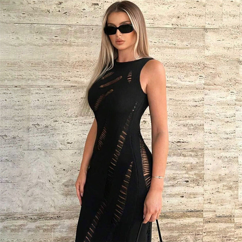 Fall Women Clothing Sexy Sleeveless Knitted Ripped round Neck High Waist Slim Maxi Dress