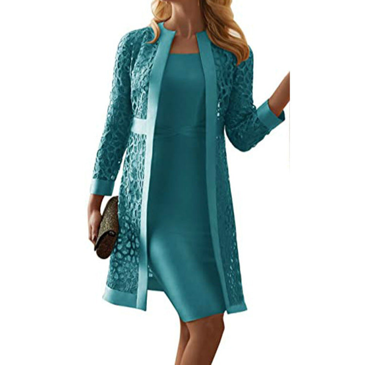 Women Clothing Color Lace Cardigan Dress Two Piece Coat