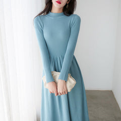 Spring Autumn Half Turtleneck Knitted Dress Women Clothing Waist Controlled Mid Length Sweater Dress Outerwear Bottoming Dress