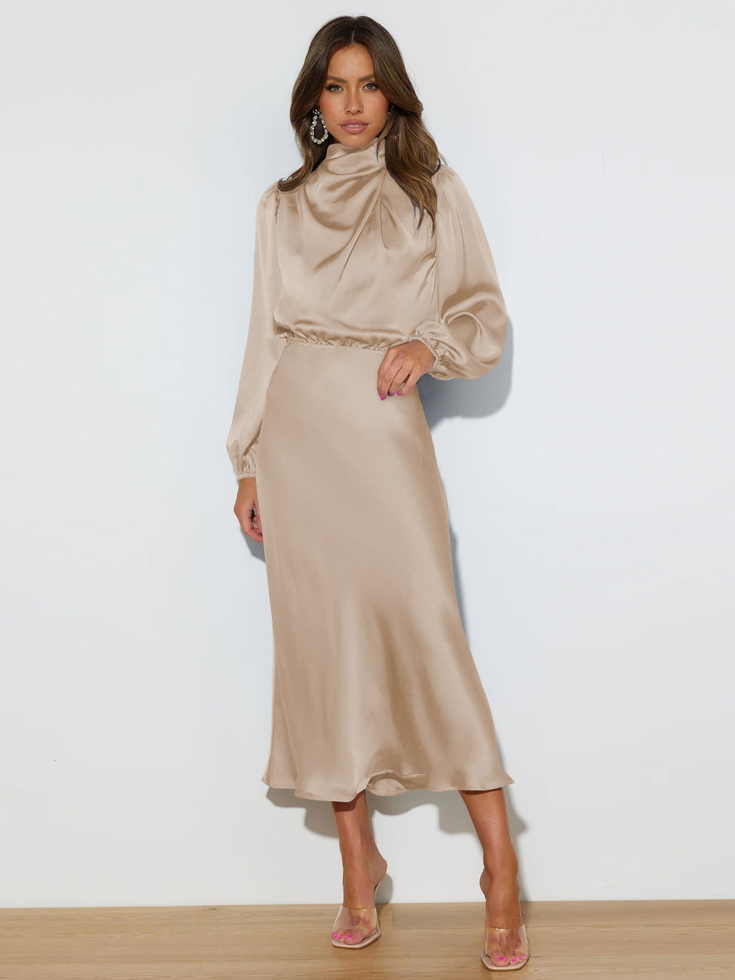 Autumn High Grade Satin Long Sleeve Loose Dress Elegant Women Dress Evening Dress Dress