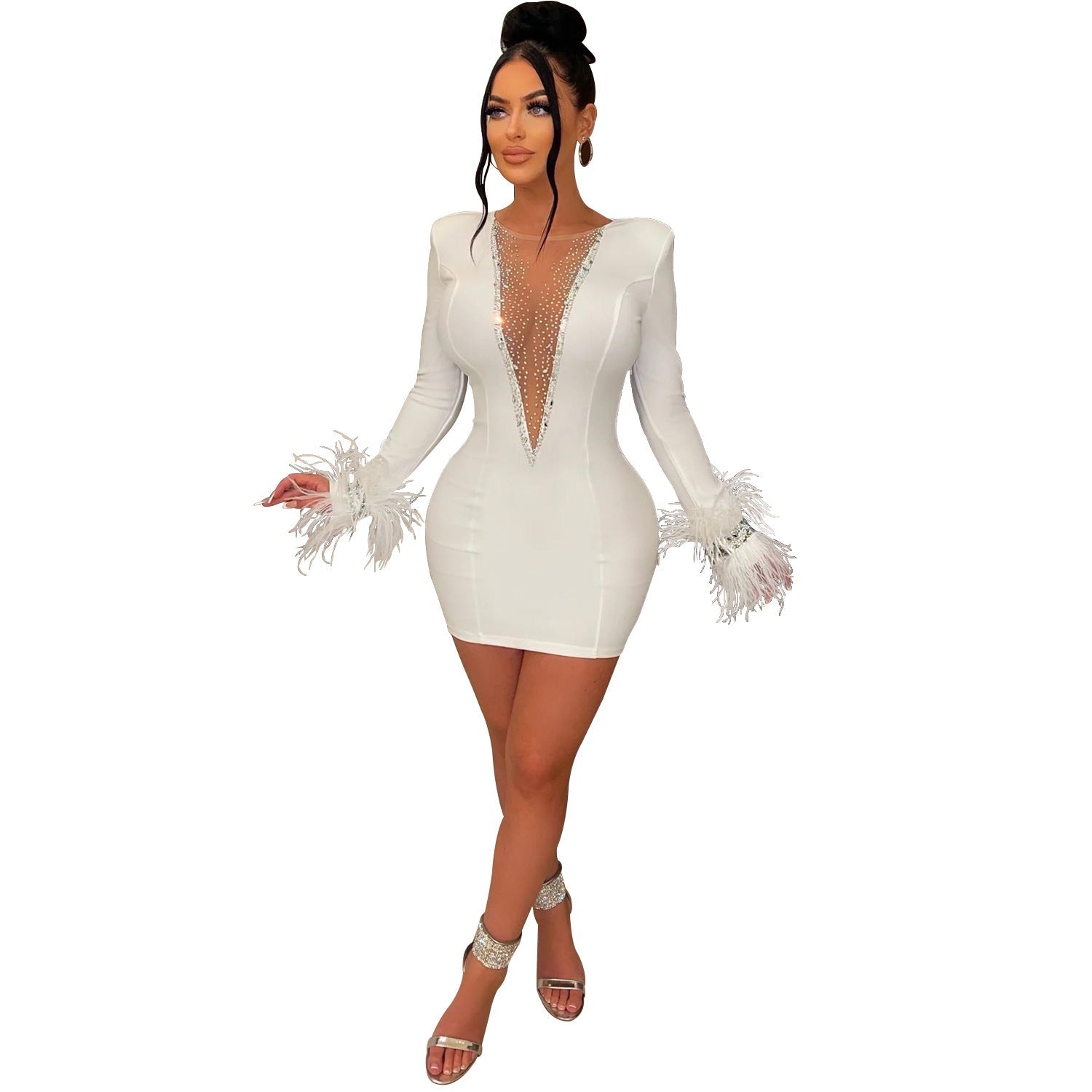 Women Wear Solid Color V Neck Mesh See Through Long Sleeve Tassel Dress Women