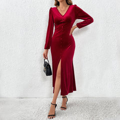 Elegant Velvet Deep V Plunge Tight Waist Slimming Slit Hemline Hip Dress