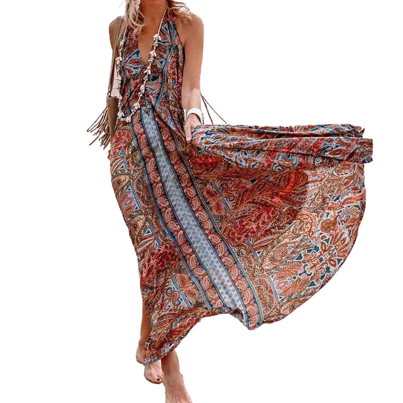 Women Clothing Spring Summer Arrival Printing V-neck Halter Bohemian Maxi Dress