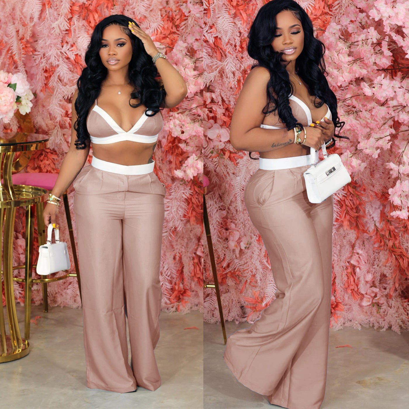 Spring Summer Loose Sexy Bra Loose Drooping Straight Mop Blouse Pants High Waist Wide Leg Pants Two Piece Set