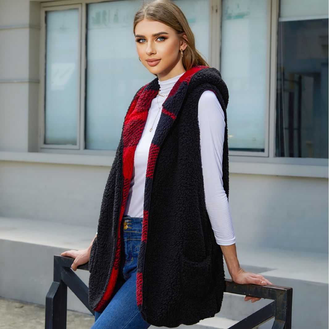 Fall Women Clothing Loose Hooded Buckle Cardigan Plaid Plush Vest Coat