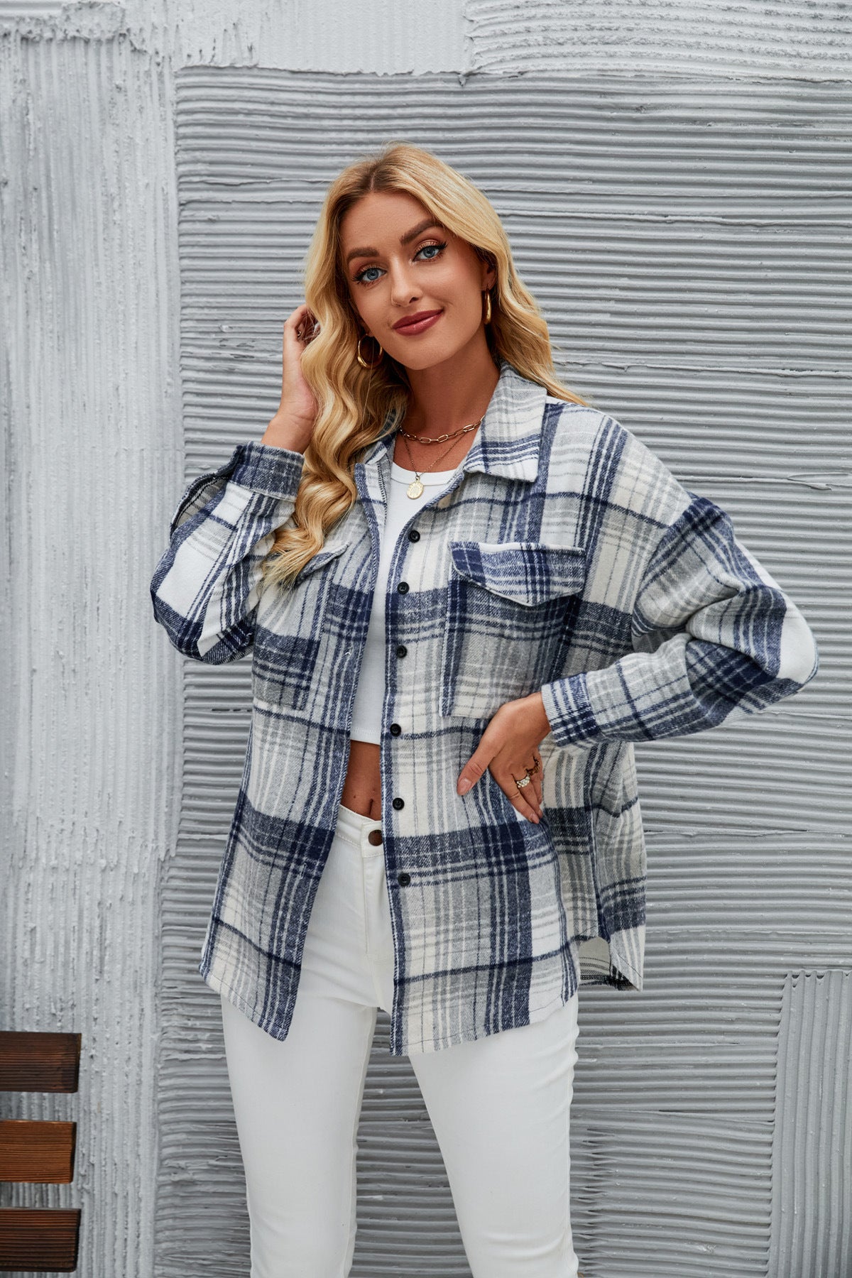 Autumn Winter Women  Clothing Mid Length Pocket Plaid Coat for Women