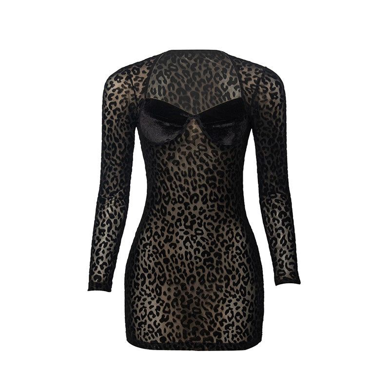 Autumn Leopard Flocking Mesh Sexy Hip Wrapped Short Dress – Trendy Fall Fashion