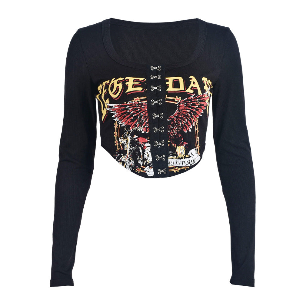 Autumn Printed Long Sleeve Sexy Bare Cropped Slim Fit Short Breasted Top