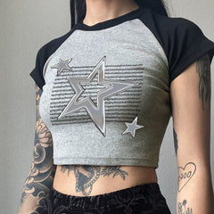 Street Metal Five Pointed Star Stitching Contrast Color Short Sleeved T shirt Spring Summer Slim Slimming Short Top