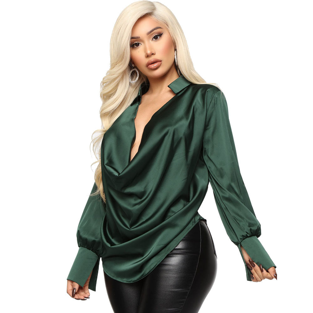 Fall Winter Women Shirt: Sexy Deep V-neck Satin Top