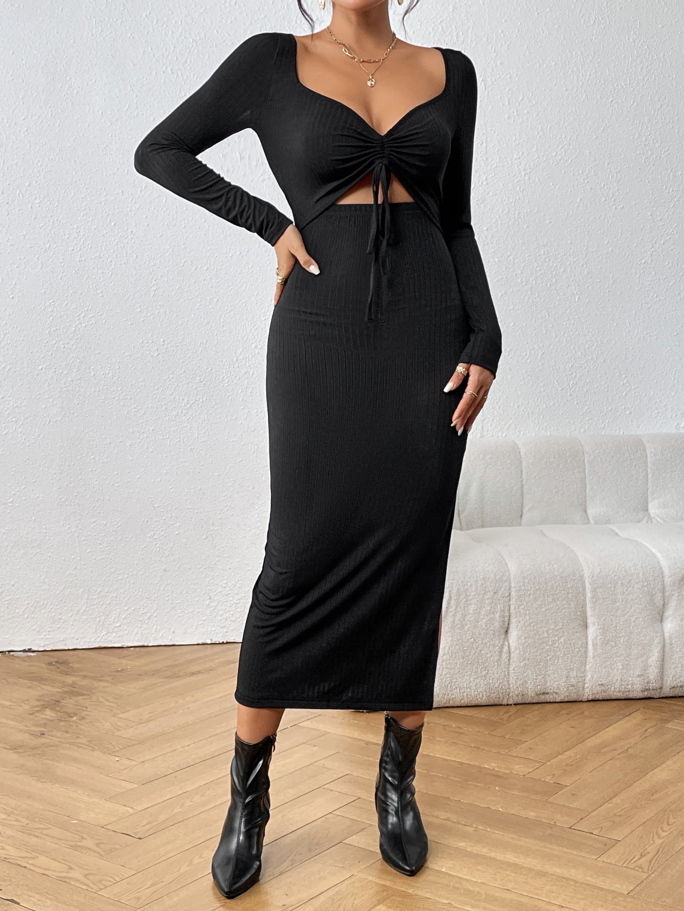 Women  Arrival Long Sleeve Split Sexy Deep V Plunge Slim Dress