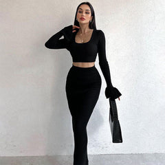 Women Clothing Autumn Sexy Cropped Sheath Slim Fit Long Sleeve Slightly Flared Skirt Set