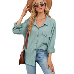 Solid Color Polo Collar Button Pocket Long Sleeve Loose Fitting Coat Top Women