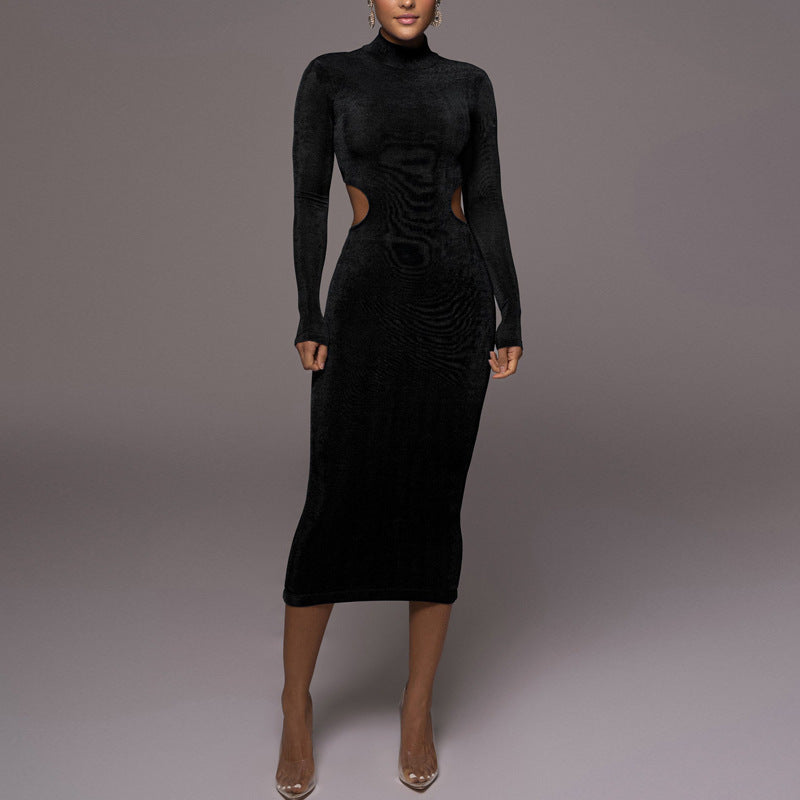 Women  Clothing Spring Long Sleeve Turtleneck Midi Dress Waist Baring Slim Fit Elegant Dress for Women