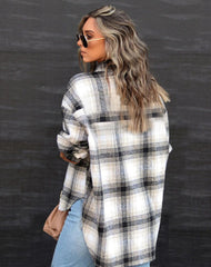 Autumn Winter Women’s Loose Plaid Shirt Woolen Coat – Stylish & Cozy