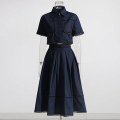 French Elegant Collared Ruffled Short Sleeves Shirt High Waist Midi A  line Skirt Two Piece Set