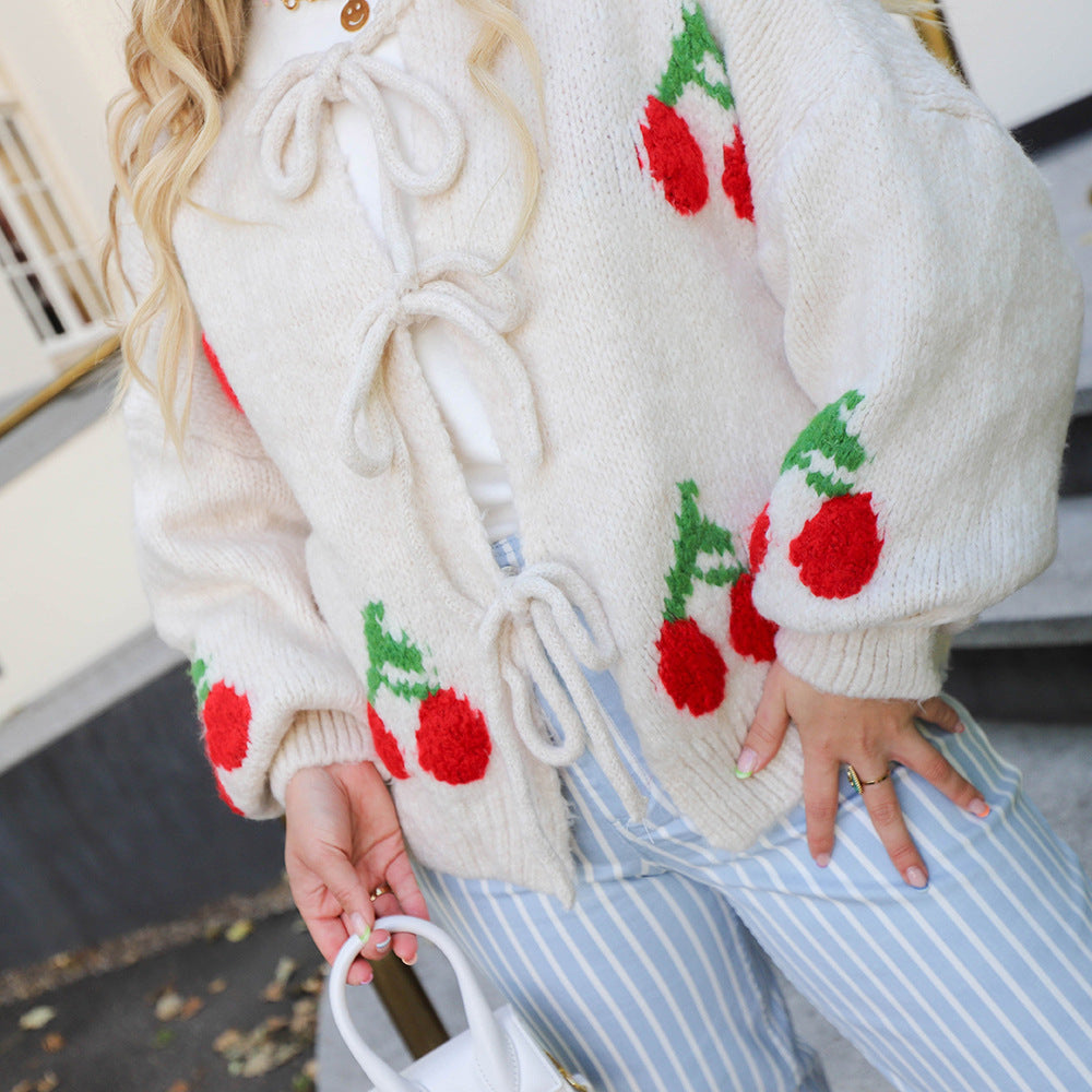 Cherry Knit Lace-Up Cardigan