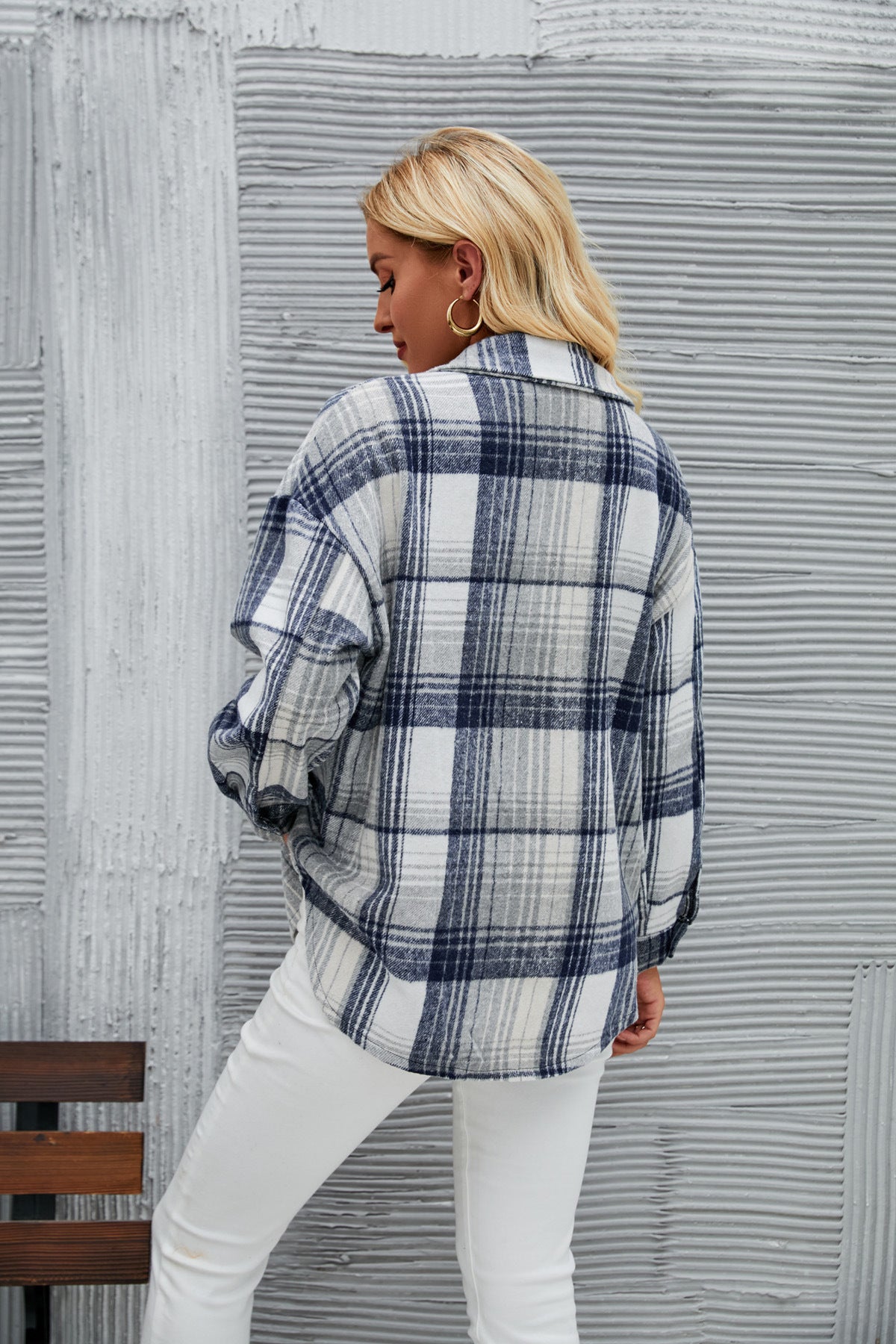 Autumn Winter Women  Clothing Mid Length Pocket Plaid Coat for Women