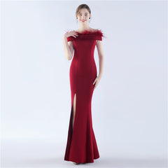 Satin Craft Order Ostrich Feather Off The Neck Tube Top Evening Dress