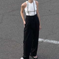 Spring Summer Black Mopping Work Pant Loose High Waist Pocket Drape Casual Comfortable Wide Leg Pants Women Clothing