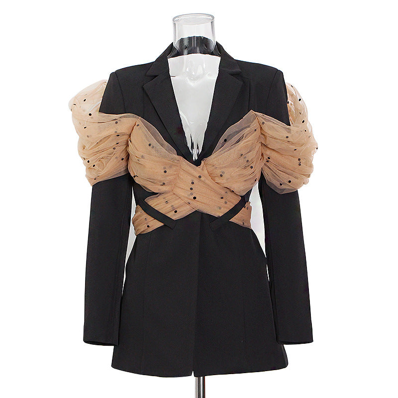 Small Blazer for Women Spring Autumn Mesh Stitching Small Net Red Black Casual Blazer Top Tide