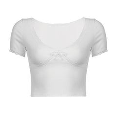 Fresh Girl Lace Stitching Foundation V Neck Slimming Short Cropped Short Sleeved T Shirt Top Summer