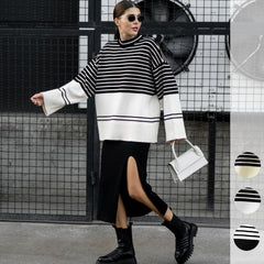 Autumn Winter Women  Clothing Turtleneck Knitting Striped Loose Sweater Top