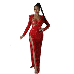 Women’s Solid Color Sequin Maxi Dress with Sexy Slit and Jumpsuit Set