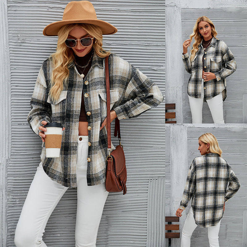 Women Autumn Winter Long Sleeve Loose Plaid Shirt Woolen Coat for Women