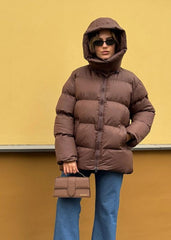 Hooded Chocolate Puffer Jacket - Cozy and Trendy