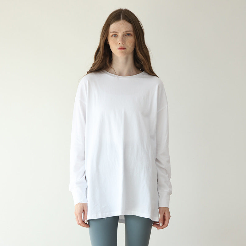 Pure Cotton Round Neck Loose Long Sleeves Bottoming Shirt Sexy Casual Sporty Simplicity T shirt Solid Color Top Women