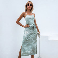 Spot Women Clothing Sexy Slit Strap Tie-Dyed Dress Lace-up A- line Knitted Midi Dress