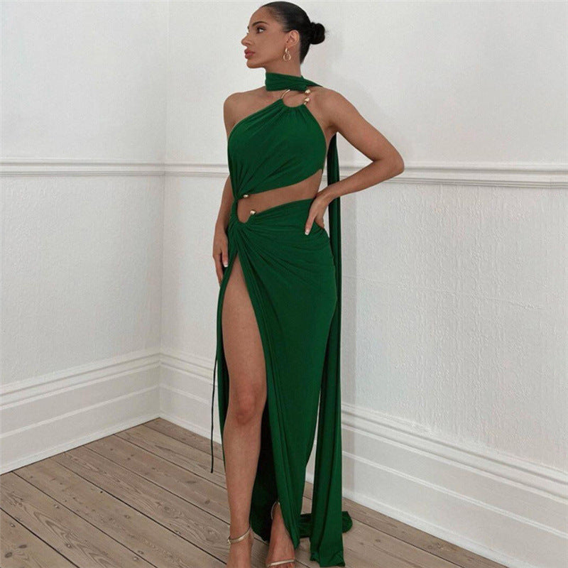 Fall Women  Clothing Oblique Shoulder Sexy Cutout Design Evening Dress