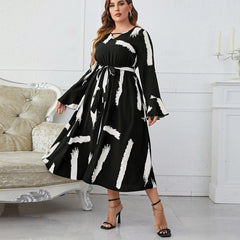 Popular Black White Characteristic Neckline Flared Plus Size Maxi Dress