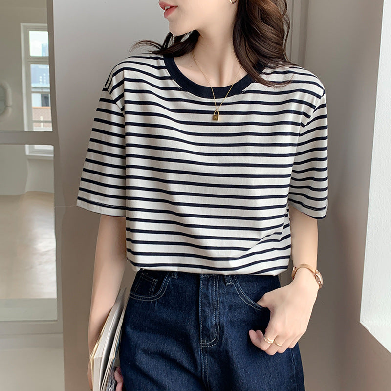 Women’s Green Striped Short Sleeve Summer T-Shirt – Loose Fit Cotton Top