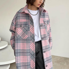 Autumn Winter Women  Clothing Long Sleeve Collared Plaid Coat Casual Woolen Long Cut Coat