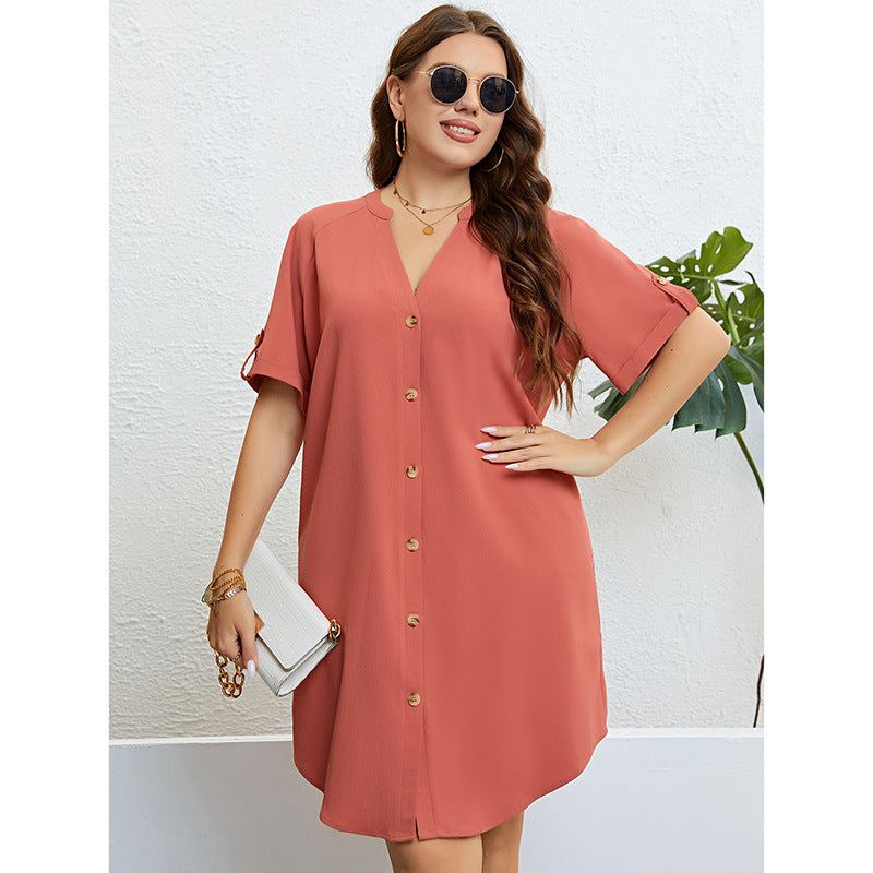 Summer V neck Buckle Loose Dress Women