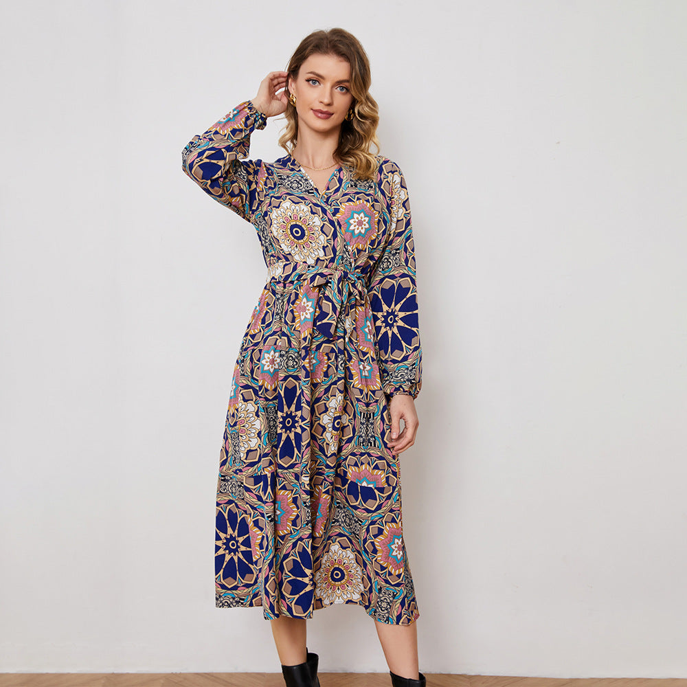 Abstract Holiday Floral Print Lace up Waist Long Sleeve Dress – Waist Controlled