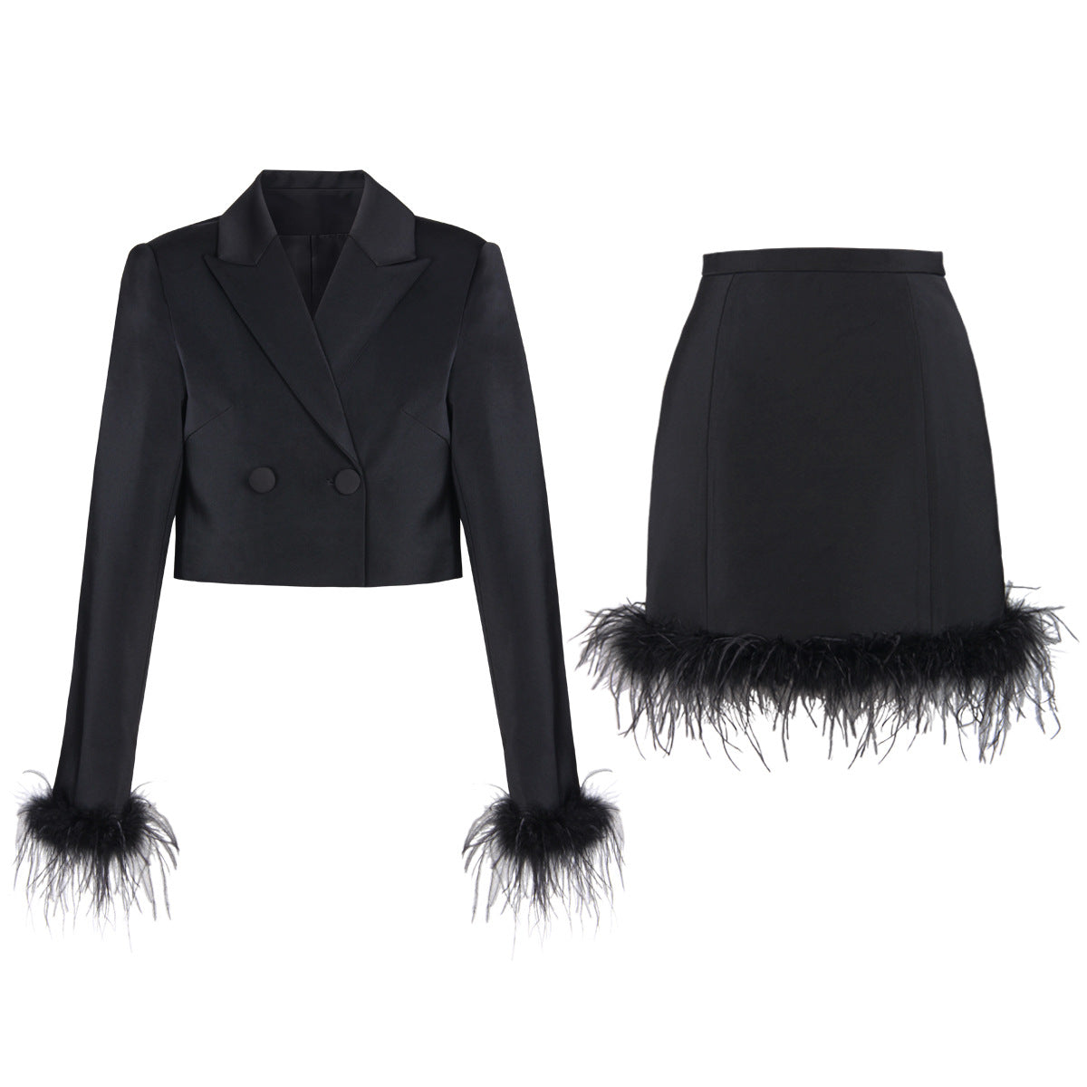 High Ostrich Feather Long Sleeve Slim Fit Office Women Business Skirt Sets